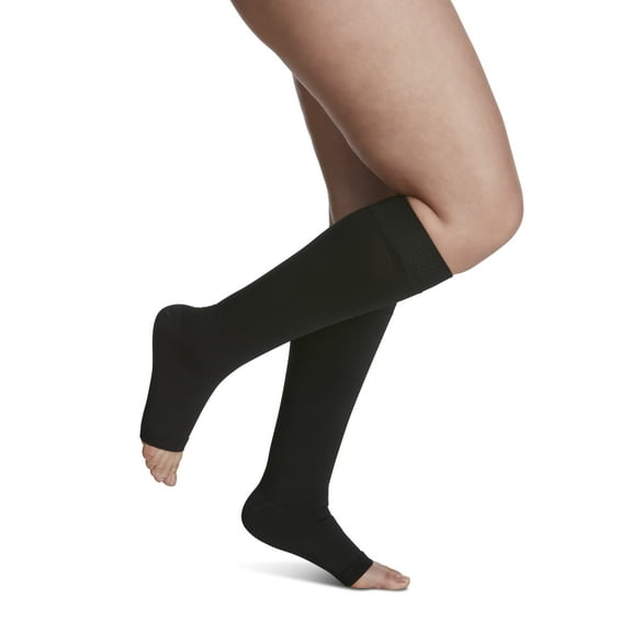 Sigvaris Specialty 553 Secure Unisex 30-40 Open Toe Knee High Compression Stockings w/Silicone Band Black X4 Long Full