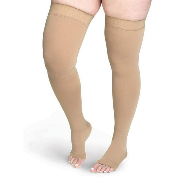 Sigvaris Specialty 553 Secure Unisex 30-40 Open Toe Thigh High Compression Stockings w/Silicone Band Beige X4 Long Full