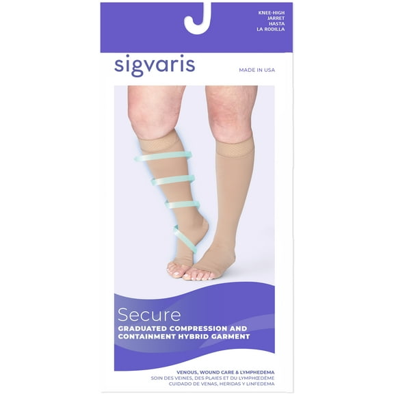 Sigvaris Specialty 554 Secure Unisex 40-50 Open Toe Knee High Compression Stockings w/Silicone Band Beige X2 Long