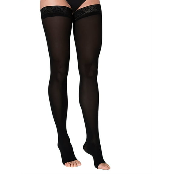 Sigvaris Style 841 Soft Opaque 15-20 Open Toe Thigh High Compression Stockings w/Grip Top Black SL Long