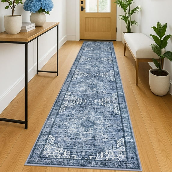 Suelur Runner Rugs 2x12 Blue Runner for Hallways Non-Slip Washable Kitchen Runner with Rubber Backing Soft Printed Distressed Medallion Floor Carpet Runner for Laundry Bedroom Entryway