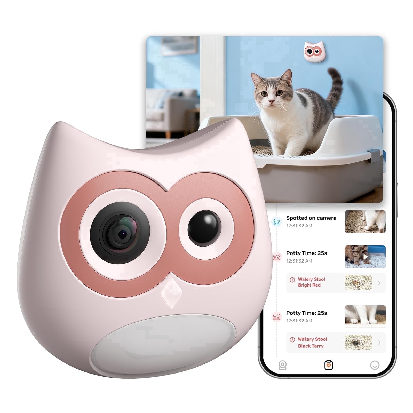 SiiPet Litter Box Camera – AI Cat Litter Lens Health Monitoring with Night Vision, Records Toileting Behavior,UTI/Diarrhea Abnormal Alerts,Pink