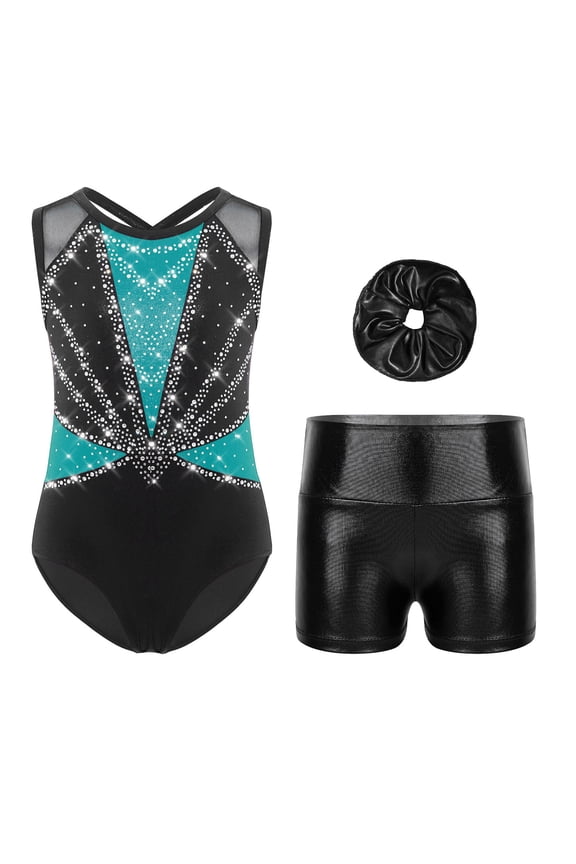 2Pcs Gymnastics Leotard for Girls Sleeveless Tumbling Dance Biketard with Metallic Shorts Set Green 12