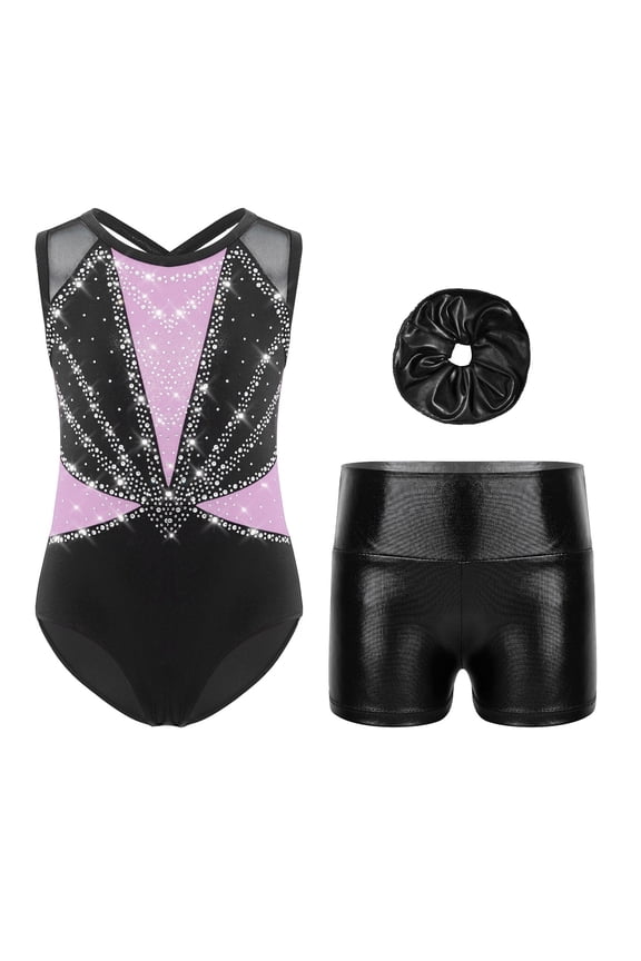 2Pcs Gymnastics Leotard for Girls Sleeveless Tumbling Dance Biketard with Metallic Shorts Set Light Purple 6