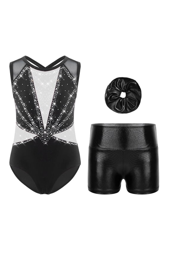 2Pcs Gymnastics Leotard for Girls Sleeveless Tumbling Dance Biketard with Metallic Shorts Set White 14