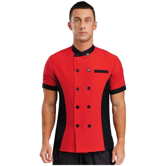 SiiRoh Adult Color Block Short Sleeve Chef Jacket Men Women Cook Coat Kitchen Work Uniform Shirt Top Red&Black L
