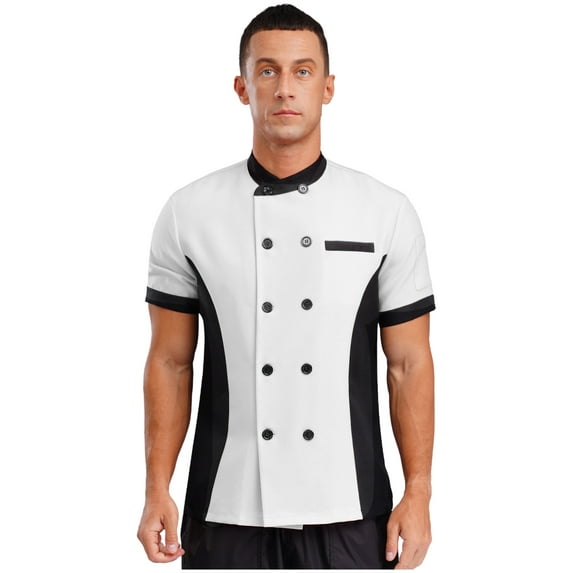 SiiRoh Adult Color Block Short Sleeve Chef Jacket Men Women Cook Coat Kitchen Work Uniform Shirt Top White M