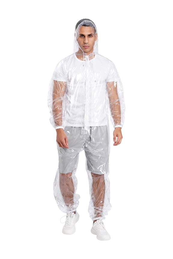 Adults One Piece Full-body Hooded Raincoat Hood with Drawstring Front Button And Zipper One-piece Waterproof Jumpsuit Workwear Clear S/155-168