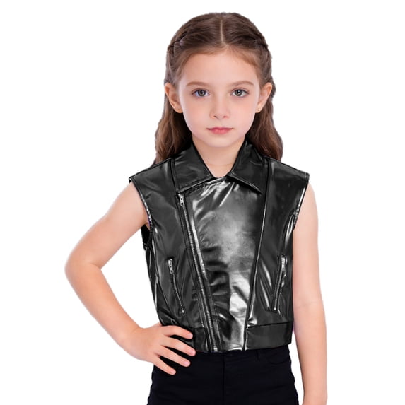 SiiRoh Boys Girls Metallic Disco Jazz Waistcoat for Modern Hip Hop Dance Top Turn-Down Collar Sleeveless Zipper Vest Black 14