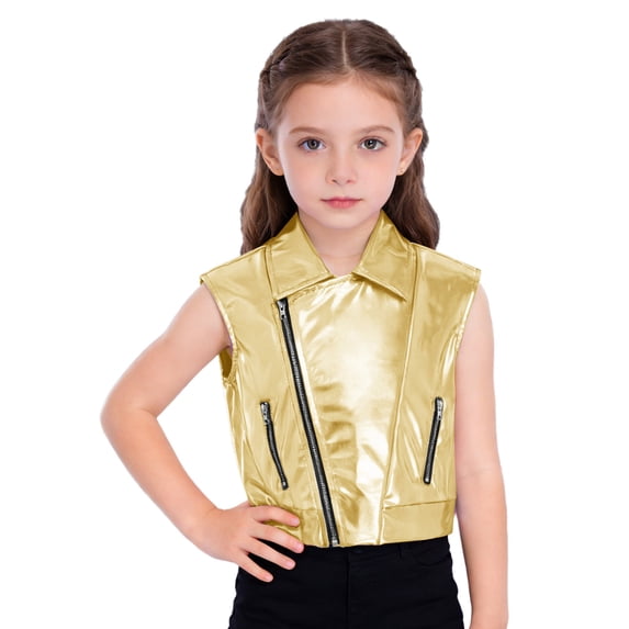 SiiRoh Boys Girls Metallic Disco Jazz Waistcoat for Modern Hip Hop Dance Top Turn-Down Collar Sleeveless Zipper Vest Gold 8