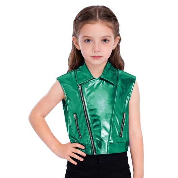 SiiRoh Boys Girls Metallic Disco Jazz Waistcoat for Modern Hip Hop Dance Top Turn-Down Collar Sleeveless Zipper Vest Green 14