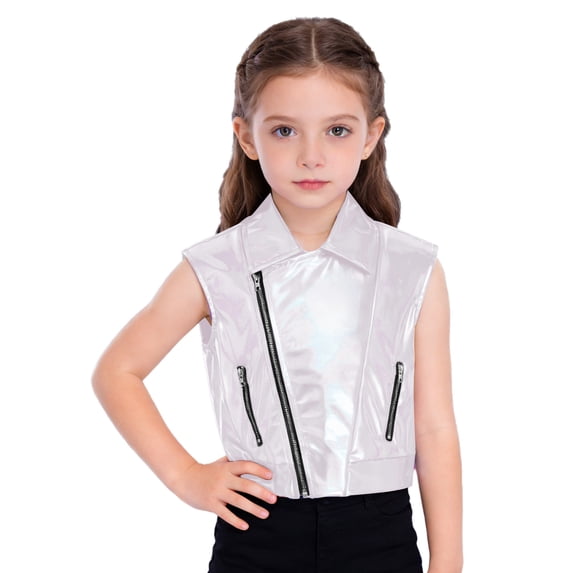 SiiRoh Boys Girls Metallic Disco Jazz Waistcoat for Modern Hip Hop Dance Top Turn-Down Collar Sleeveless Zipper Vest Ivory 4