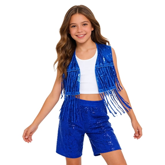 SiiRoh Boys Girls Sequin Jazz Dance Outfits Sleeveless Fringe Vest Top with Shorts Hip Hop Disco Theme Party Wear Royal Blue 8