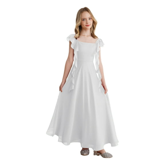 SiiRoh Chiffon Junior Bridesmaid Dress for Girls Long A Line Wedding Guest Square Neck Flower Girl Dress Beige 10