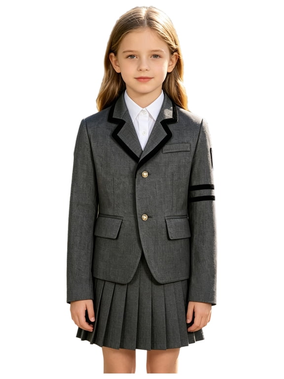 Children Boys Girls Blazers School Uniform Lapel Collar Long Sleeve Suits Jacket Elegant Kids Teens Student Class Clothes Grey 12