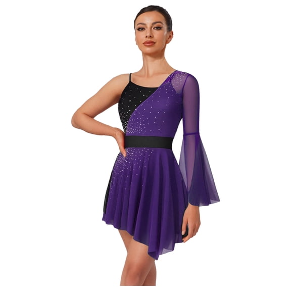 SiiRoh Figure Skating Dress for Women Color Block Asymmetrical Ballet Dress Lyrical Dancing Dresses Purple XL