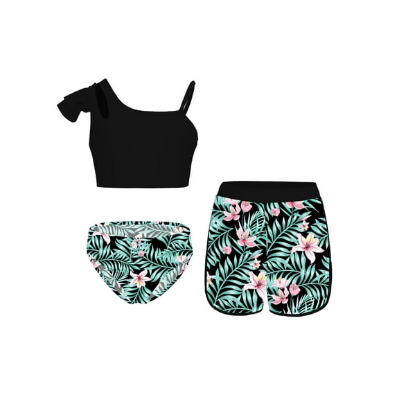 SiiRoh Girl's Bikini Tankini Swimsuit 3-Piece Tropical Print Swimming Bathing Suit for Pool Beach Black&Green Flower 12