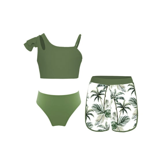 SiiRoh Girl's Bikini Tankini Swimsuit 3-Piece Tropical Print Swimming Bathing Suit for Pool Beach Green 10