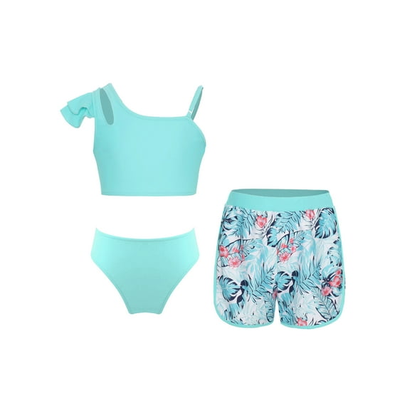 SiiRoh Girl's Bikini Tankini Swimsuit 3-Piece Tropical Print Swimming Bathing Suit for Pool Beach Light Green 8