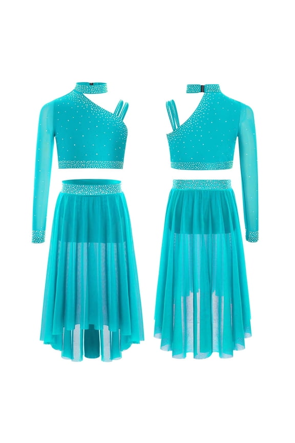 Girls 2-Piece Ballet Lyrical Dance Outfit Set Single Long Sleeve Crop Tops with Mesh Skirts Blue Green 8