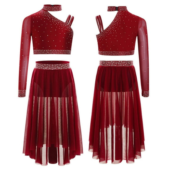 SiiRoh Girls 2-Piece Ballet Lyrical Dance Outfit Set Single Long Sleeve Crop Tops with Mesh Skirts Burgundy 14