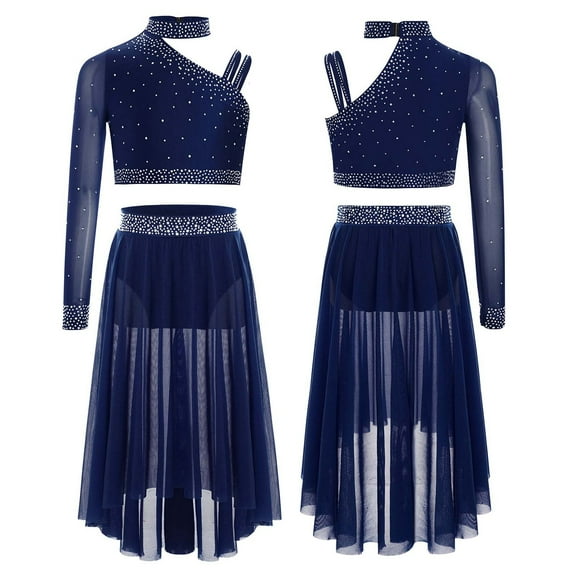 SiiRoh Girls 2-Piece Ballet Lyrical Dance Outfit Set Single Long Sleeve Crop Tops with Mesh Skirts Navy Blue 12