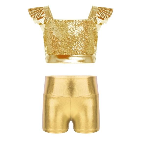 SiiRoh Girls 2pcs Modern Jazz Dance Set Sparkly Sequins Cheer Performance Gymnastics Ballet Dancewear Gold 12