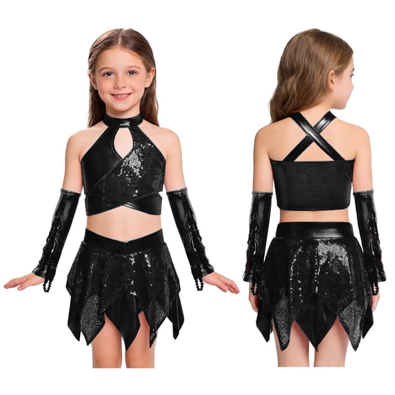 SiiRoh Girls 3Pcs Hip Hop Street Dance Outfits Cross Keyhole Sequins Metallic Crop Top+Skirt+Gloves Disco Dancewear Black 12