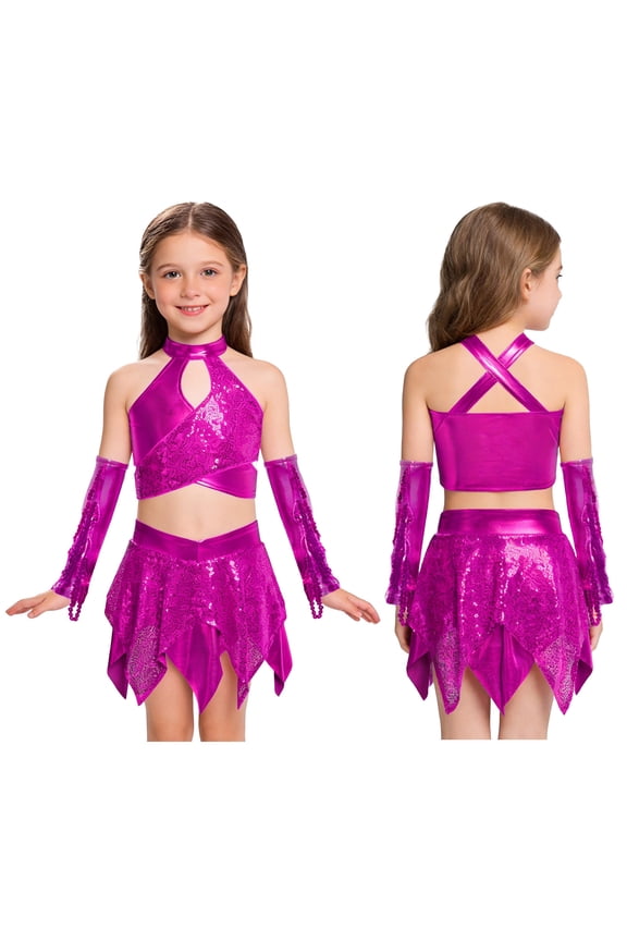 Girls 3Pcs Hip Hop Street Dance Outfits Cross Keyhole Sequins Metallic Crop Top+Skirt+Gloves Disco Dancewear Hot Pink 16