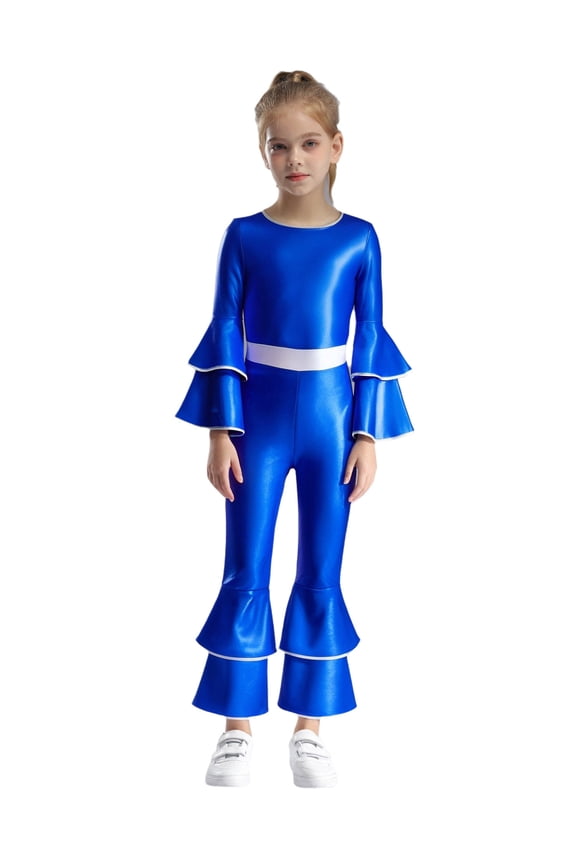Girls 70s 80s Disco Hippie Outfit Metallic Bell-Bottom Jumpsuit Singer Dance Party Dress Up Royal Blue 6