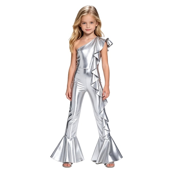 SiiRoh Girls 70s Disco Jumpsuit Shiny Metallic Ruffled Dance Outfits Sequins Bell Bottom Pants Dancewear Silver 8