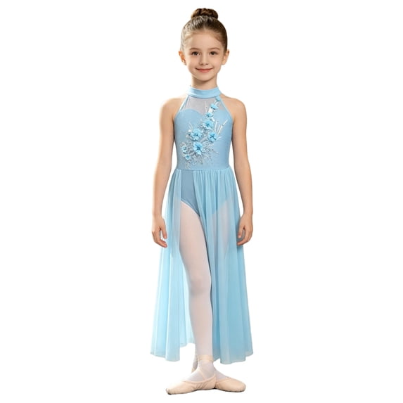SiiRoh Girls Ballet Lyrical Dance Dress Contemporary Dancewear Sleeveless Applique Bodice Split Sheer Mesh Skating Gymnastics Leotard Dress Blue 8