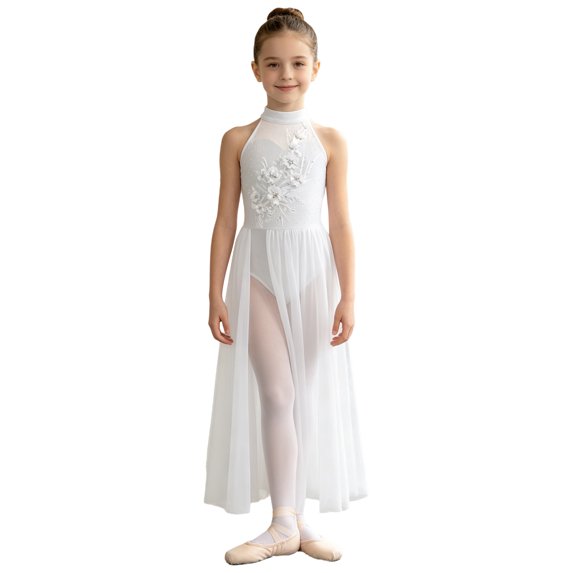 SiiRoh Girls Ballet Lyrical Dance Dress Contemporary Dancewear Sleeveless Applique Bodice Split Sheer Mesh Skating Gymnastics Leotard Dress Ivory 14