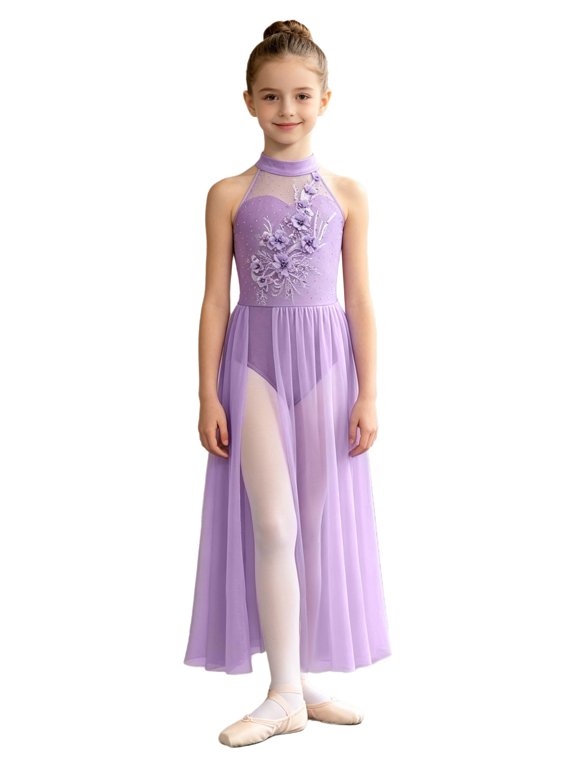 Girls Ballet Lyrical Dance Dress Contemporary Dancewear Sleeveless Applique Bodice Split Sheer Mesh Skating Gymnastics Leotard Dress Lavender 6
