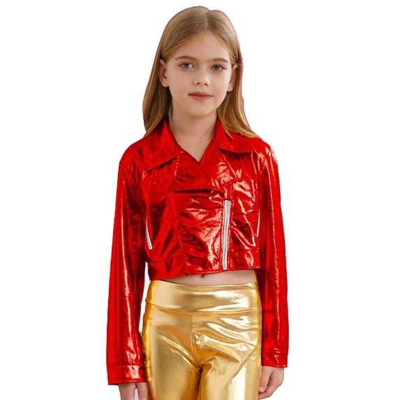 SiiRoh Girls Boys Metallic Motorcycle PU Jacket Zip Up Moto Biker Coat Outwear Dancewear Streetwear Red 14