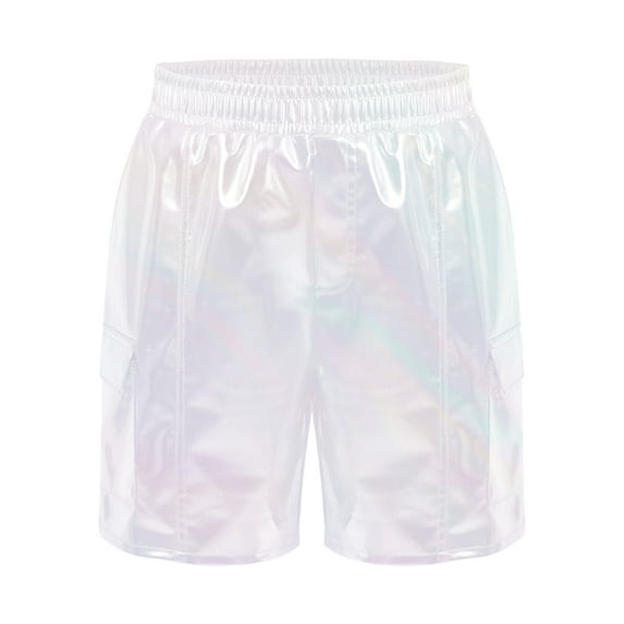 SiiRoh Girls Boys Metallic Shiny Cargo Shorts Elastic Waistband Hip-Hop Jazz Dancewear Streetwear Silver A 8