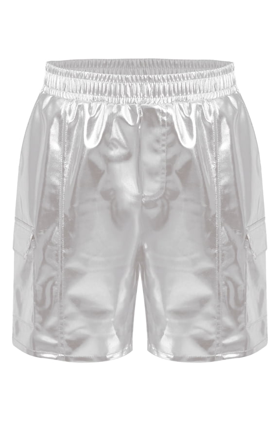 Girls Boys Metallic Shiny Cargo Shorts Elastic Waistband Hip-Hop Jazz Dancewear Streetwear Silver B 14