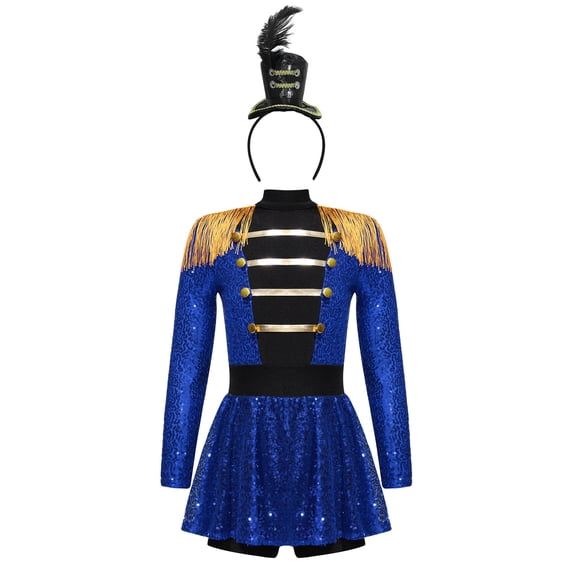 SiiRoh Girls Circus Ringmaster Jumpsuit Sequins Tassels Tutu Skirt Leotard with Hats for Stage Party Blue 14