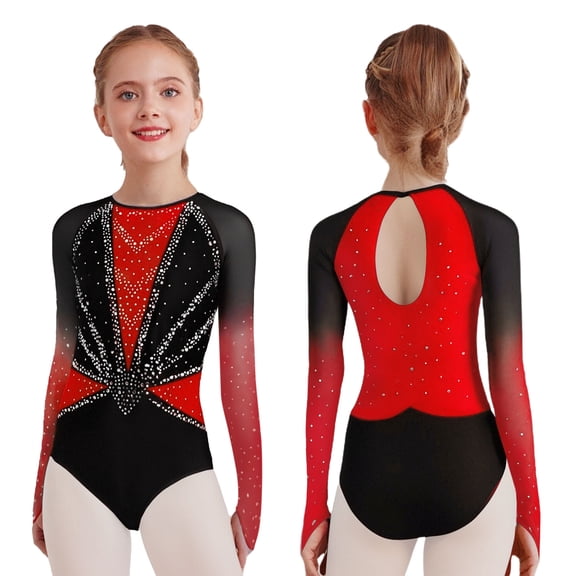 SiiRoh Girls Glitter Rhinestones Rhythmic Gymnastics Dance Leotard Competition Figure Skating Jumpsuit Red 14