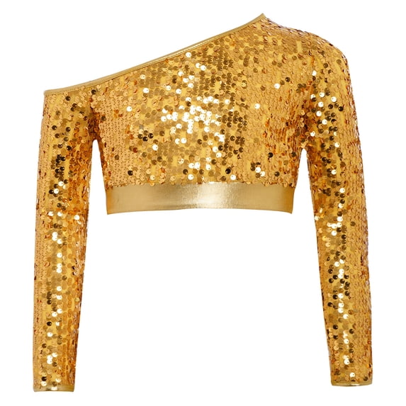 SiiRoh Girls Glittery Jazz Dance Crop Top Oblique Shoulder Long Sleeve Sequin Hip Hop Stage Performance Shirt Gold 16