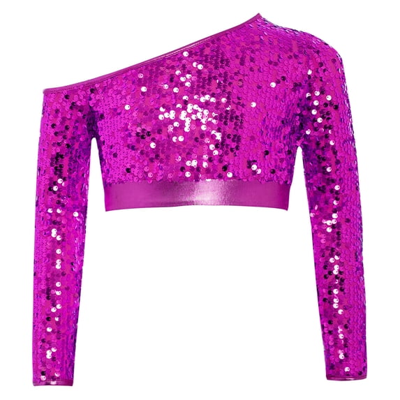 SiiRoh Girls Glittery Jazz Dance Crop Top Oblique Shoulder Long Sleeve Sequin Hip Hop Stage Performance Shirt Hot Pink 16