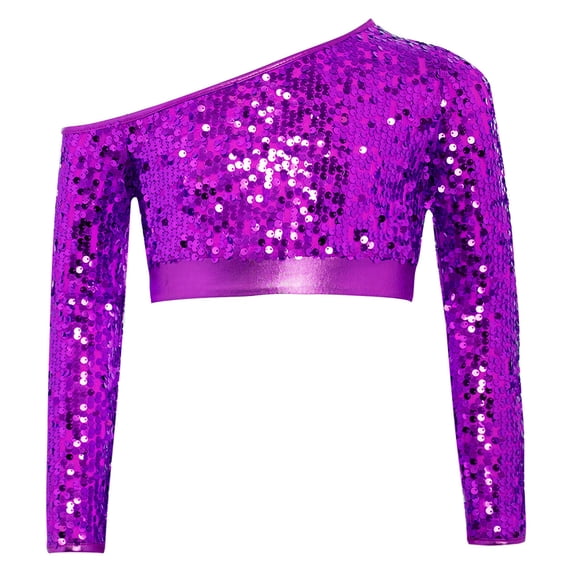 SiiRoh Girls Glittery Jazz Dance Crop Top Oblique Shoulder Long Sleeve Sequin Hip Hop Stage Performance Shirt Purple 12