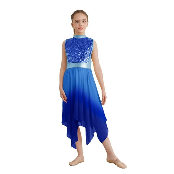 SiiRoh Girls Glittery Sequin Lyrical Praise Dance Dress Gradient Color Liturgical Worship Tunic Blue 8