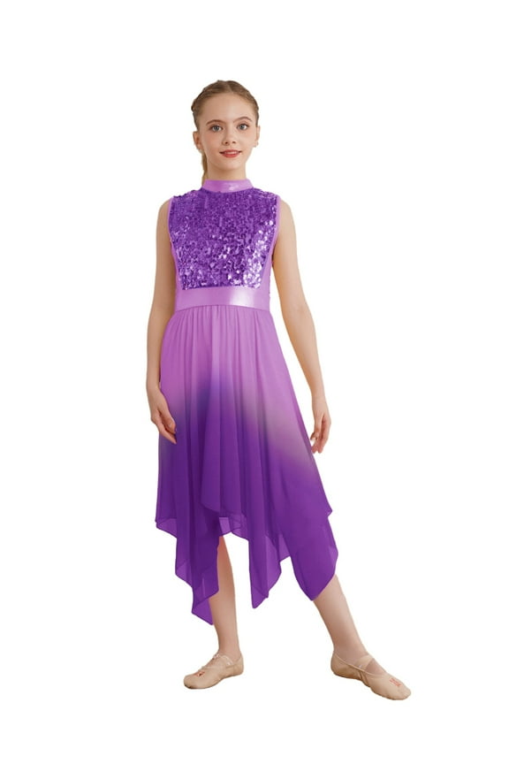 Girls Glittery Sequin Lyrical Praise Dance Dress Gradient Color Liturgical Worship Tunic Purple 12