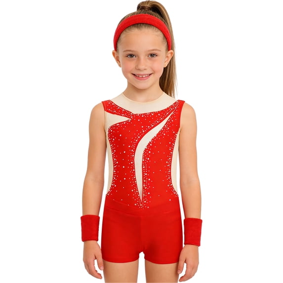 SiiRoh Girls Gymnastic Dance Leotard Outfits Tumbling Skating Bodysuit with Shorts Scrunchie Wristbands Training Set A Red 12