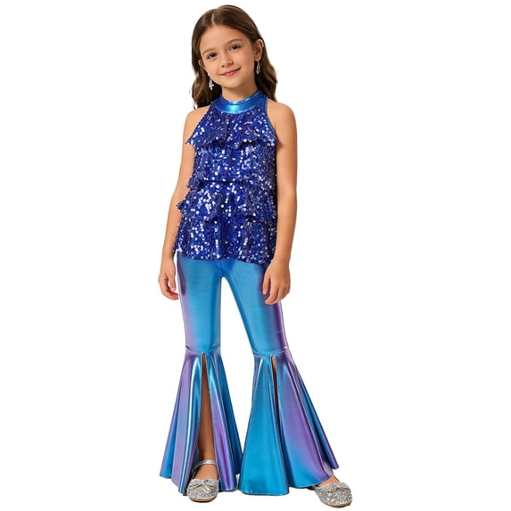 SiiRoh Girls Halter Backless Sparkly Sequins Leotard with Split Bell-Bottom Metallic Pants 2Pcs Jazz Dance Outfits Royal Blue 14