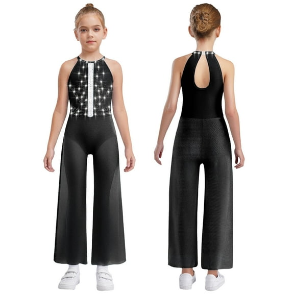 SiiRoh Girls Latin Jazz Dance Jumpsuit Sleeveless Shiny Rhinestone Pageant Romper Wide Leg Pants Black 8