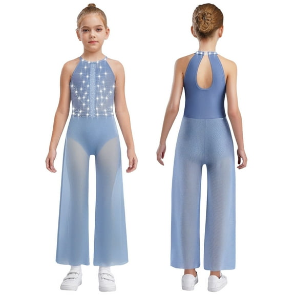 SiiRoh Girls Latin Jazz Dance Jumpsuit Sleeveless Shiny Rhinestone Pageant Romper Wide Leg Pants Dusty Blue 6