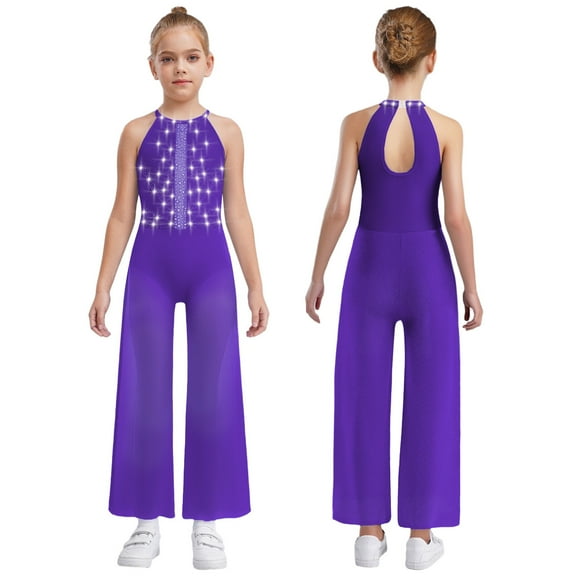 SiiRoh Girls Latin Jazz Dance Jumpsuit Sleeveless Shiny Rhinestone Pageant Romper Wide Leg Pants Purple 16