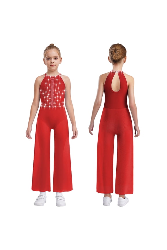 Girls Latin Jazz Dance Jumpsuit Sleeveless Shiny Rhinestone Pageant Romper Wide Leg Pants Red 8